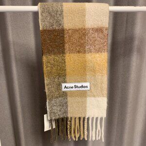 Acne Studios Plaid Wool Blend Scarf Neutral Check Fringe Cozy